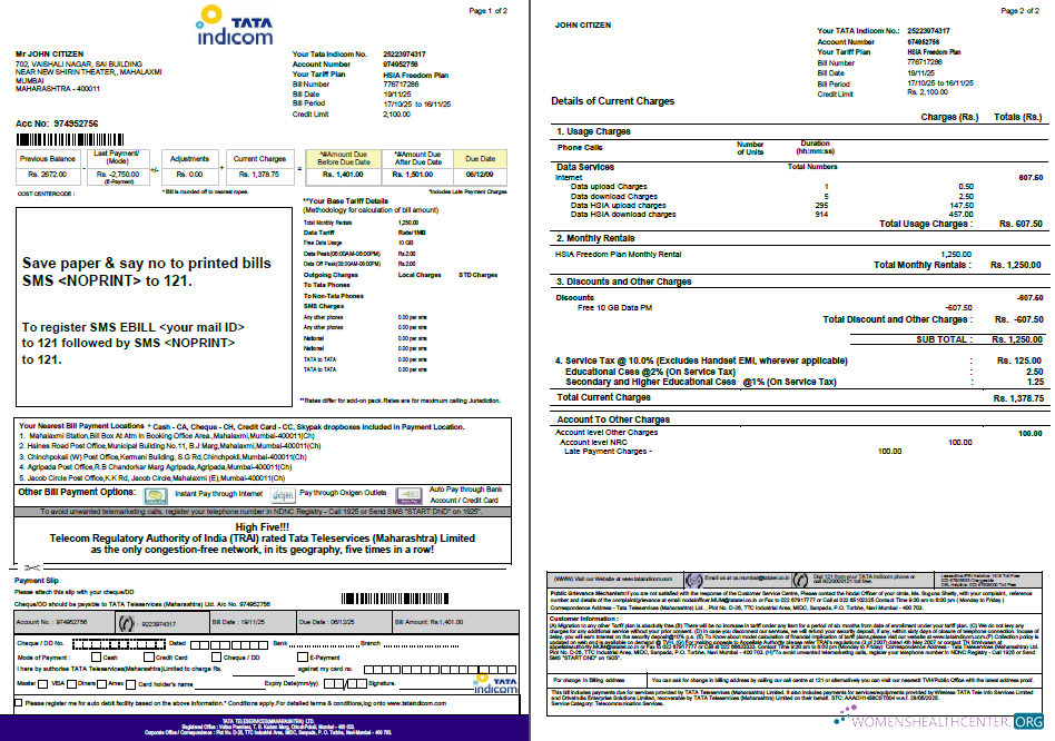 download India Tata Indicom utility bill template in Word and PDF formats, 2 pages PDF template